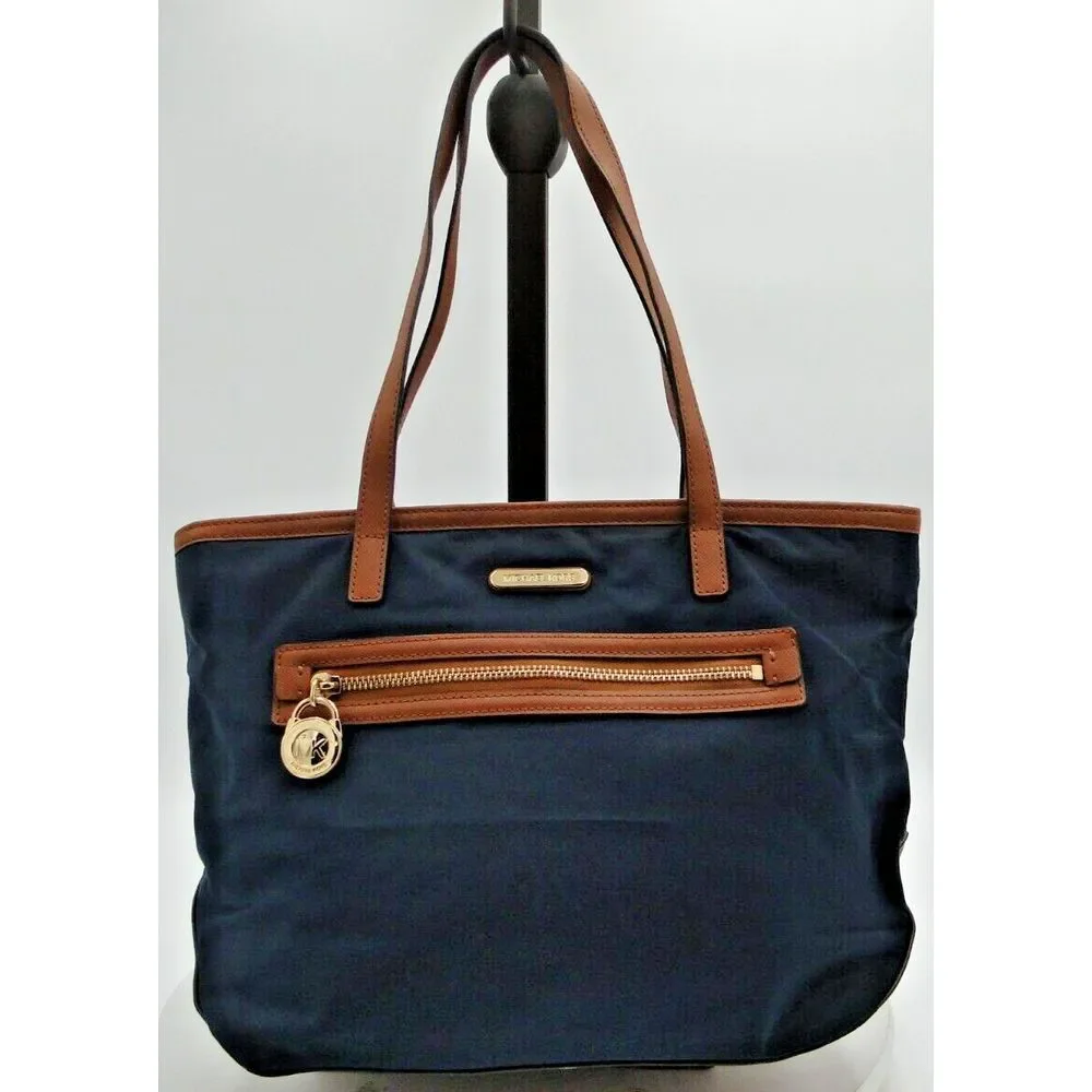 Michael Kors Kempton Nylon Satchel Tote Purse Shoulder Bag in‎ Navy and Brown